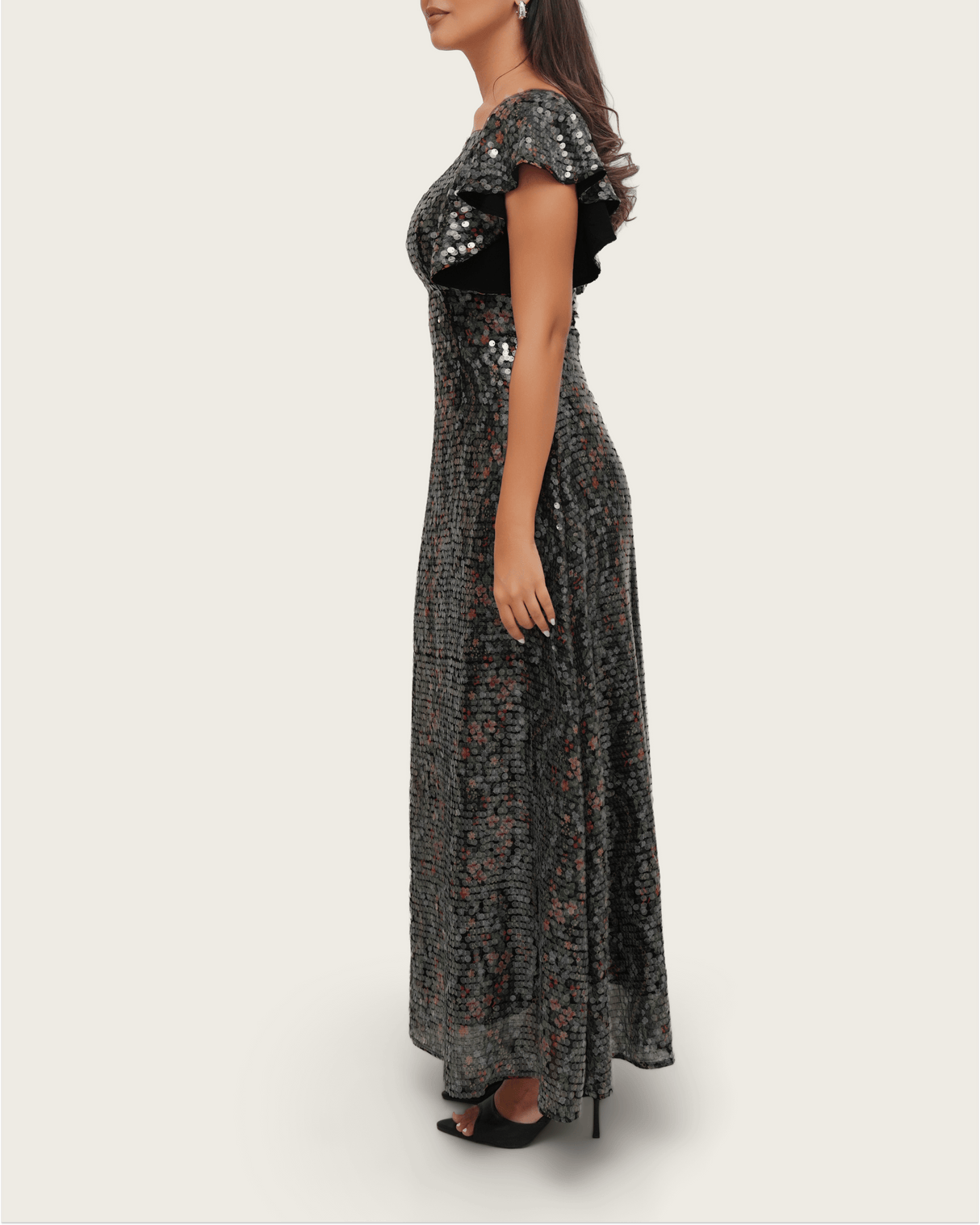 Black Floral Sequin Maxi Dress with Flutter Sleeves - Noētic