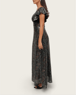 Black Floral Sequin Maxi Dress with Flutter Sleeves - Noētic