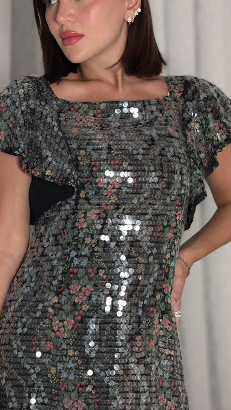 Black Floral Sequin Maxi Dress with Flutter Sleeves - Noētic