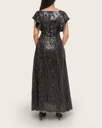 Black Floral Sequin Maxi Dress with Flutter Sleeves - Noētic