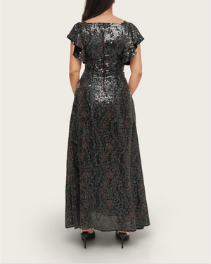 Black Floral Sequin Maxi Dress with Flutter Sleeves - Noētic