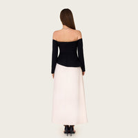 Black & Ivory Off-Shoulder Crepe Occasion Dress with Floral Appliqué - Noētic