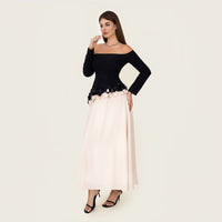 Black & Ivory Off-Shoulder Crepe Occasion Dress with Floral Appliqué - Noētic