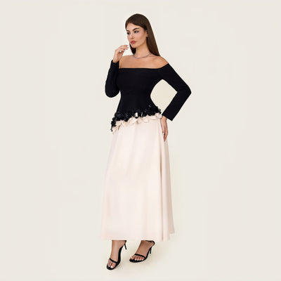 Black & Ivory Off-Shoulder Crepe Occasion Dress with Floral Appliqué - Noētic