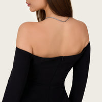Black & Ivory Off-Shoulder Crepe Occasion Dress with Floral Appliqué - Noētic