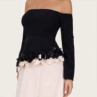 Black & Ivory Off-Shoulder Crepe Occasion Dress with Floral Appliqué - Noētic