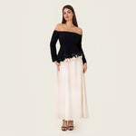 Black & Ivory Off-Shoulder Crepe Occasion Dress with Floral Appliqué - Noētic