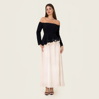 Black & Ivory Off-Shoulder Crepe Occasion Dress with Floral Appliqué - Noētic