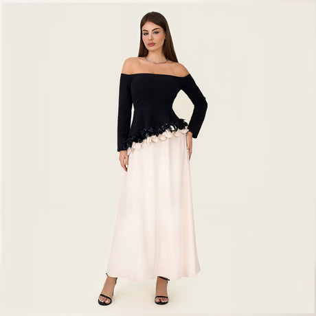 Black & Ivory Off-Shoulder Crepe Occasion Dress with Floral Appliqué - Noētic