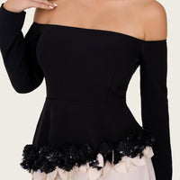 Black & Ivory Off-Shoulder Crepe Occasion Dress with Floral Appliqué - Noētic
