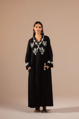 Black Linen Kaftan with White Flower Embroidery