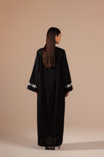 Black Linen Kaftan with White Flower Embroidery - Noētic
