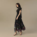 Black Maxi Crepe Dress with Floral Chiffon Skirt and Back Scarf - Noētic