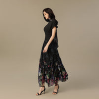 Black Maxi Crepe Dress with Floral Chiffon Skirt and Back Scarf - Noētic