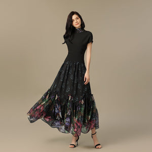 Black Maxi Crepe Dress with Floral Chiffon Skirt and Back Scarf - Noētic