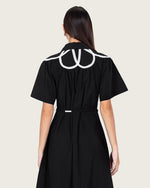 Black Poplin Maxi Dress with Lace Inserts and Beaded Waist Belt - Noētic