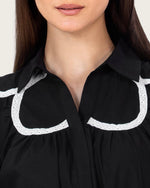 Black Poplin Maxi Dress with Lace Inserts and Beaded Waist Belt - Noētic