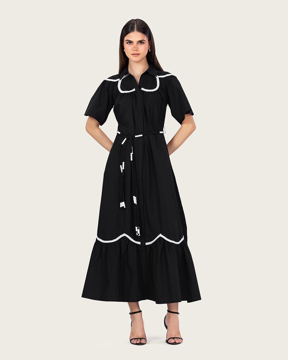 Black Poplin Maxi Dress with Lace Inserts and Beaded Waist Belt - Noētic