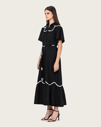 Black Poplin Maxi Dress with Lace Inserts and Beaded Waist Belt - Noētic