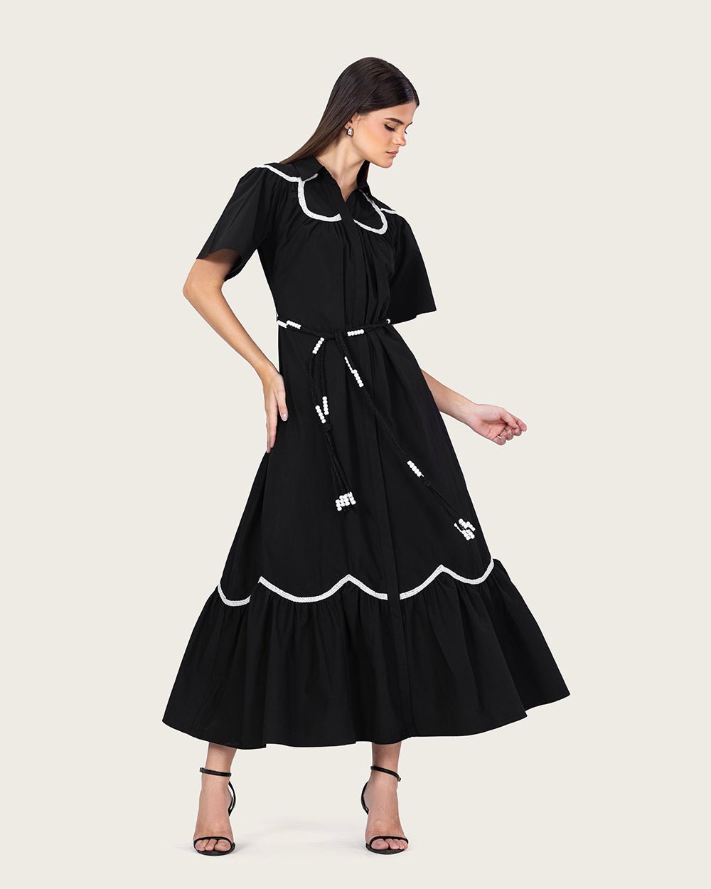 Black Poplin Maxi Dress with Lace Inserts and Beaded Waist Belt - Noētic