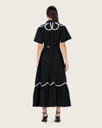 Black Poplin Maxi Dress with Lace Inserts and Beaded Waist Belt - Noētic