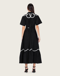 Black Poplin Maxi Dress with Lace Inserts and Beaded Waist Belt - Noētic