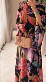 Black Printed Maxi A-line Kaftan with Tie Neck - Noētic
