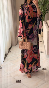 Black Printed Maxi A-line Kaftan with Tie Neck - Noētic