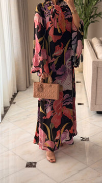Black Printed Maxi A-line Kaftan with Tie Neck - Noētic