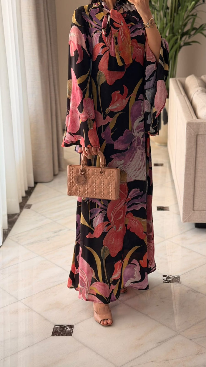 Black Printed Maxi A-line Kaftan with Tie Neck