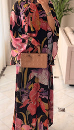 Black Printed Maxi A-line Kaftan with Tie Neck - Noētic