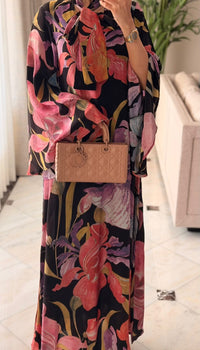 Black Printed Maxi A-line Kaftan with Tie Neck - Noētic