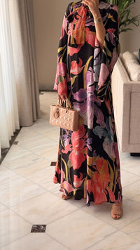 Black Printed Maxi A-line Kaftan with Tie Neck - Noētic