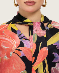 Black Printed Maxi A-line Kaftan with Tie Neck - Noētic