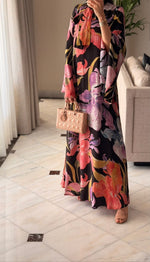 Black Printed Maxi A-line Kaftan with Tie Neck - Noētic