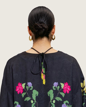 Black Printed Maxi Kaftan Dress with Beaded Tassel - Noētic