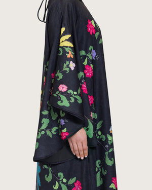Black Printed Maxi Kaftan Dress with Beaded Tassel - Noētic