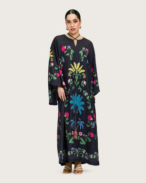 Black Printed Maxi Kaftan Dress with Beaded Tassel - Noētic