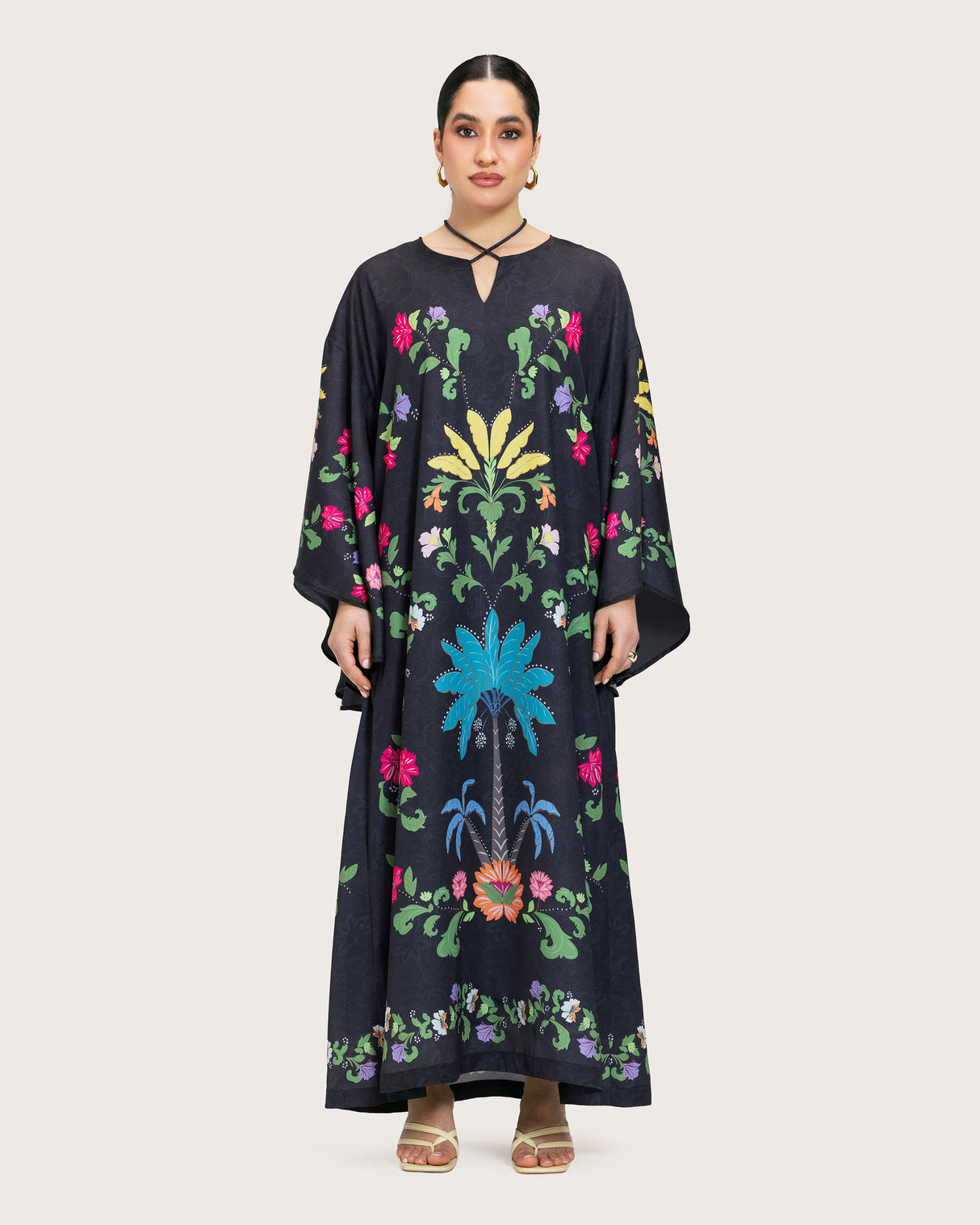 Black Printed Maxi Kaftan Dress with Beaded Tassel - Noētic