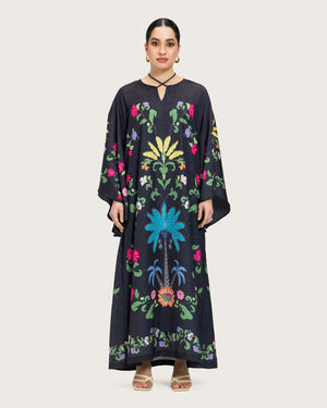 Black Printed Maxi Kaftan Dress with Beaded Tassel - Noētic