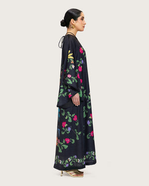 Black Printed Maxi Kaftan Dress with Beaded Tassel - Noētic