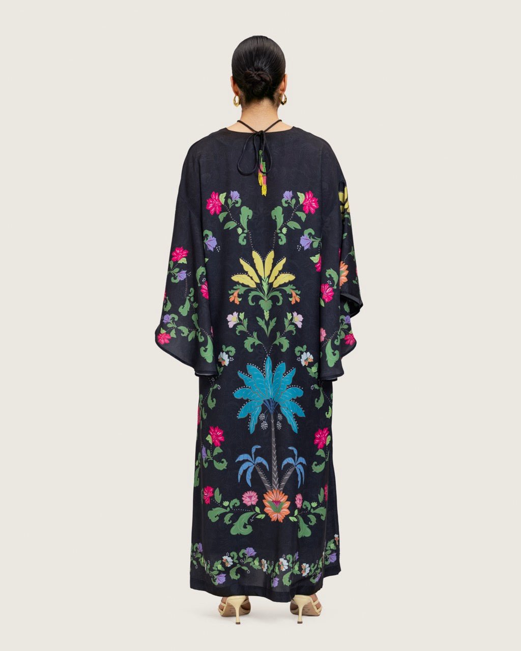 Black Printed Maxi Kaftan Dress with Beaded Tassel - Noētic