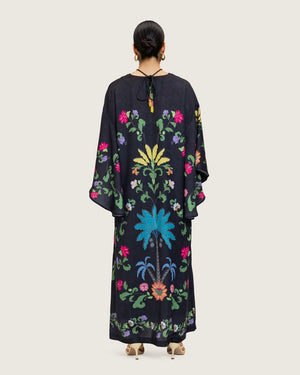 Black Printed Maxi Kaftan Dress with Beaded Tassel - Noētic