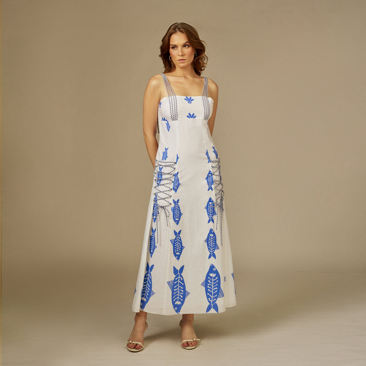 Blue and white Fish Print Lace-Up Cotton Dress - Noētic