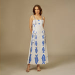 Blue and white Fish Print Lace-Up Cotton Dress - Noētic