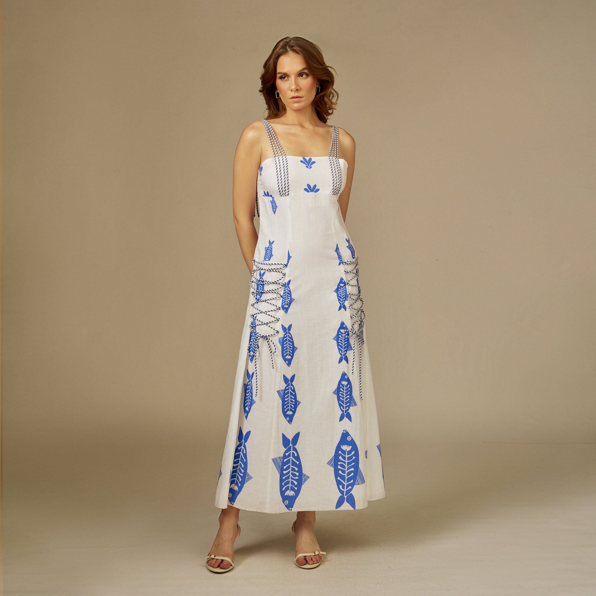 Blue and white Fish Print Lace-Up Cotton Dress