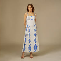 Blue and white Fish Print Lace-Up Cotton Dress - Noētic