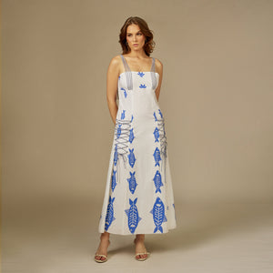 Blue and white Fish Print Lace-Up Cotton Dress - Noētic