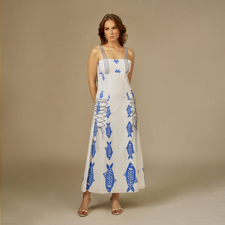 Blue and white Fish Print Lace-Up Cotton Dress - Noētic