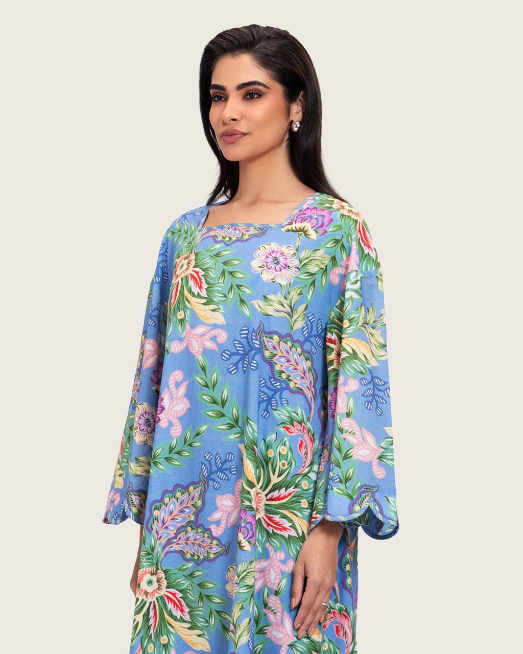 Blue Floral Maxi Dress with Square Neckline - Noētic